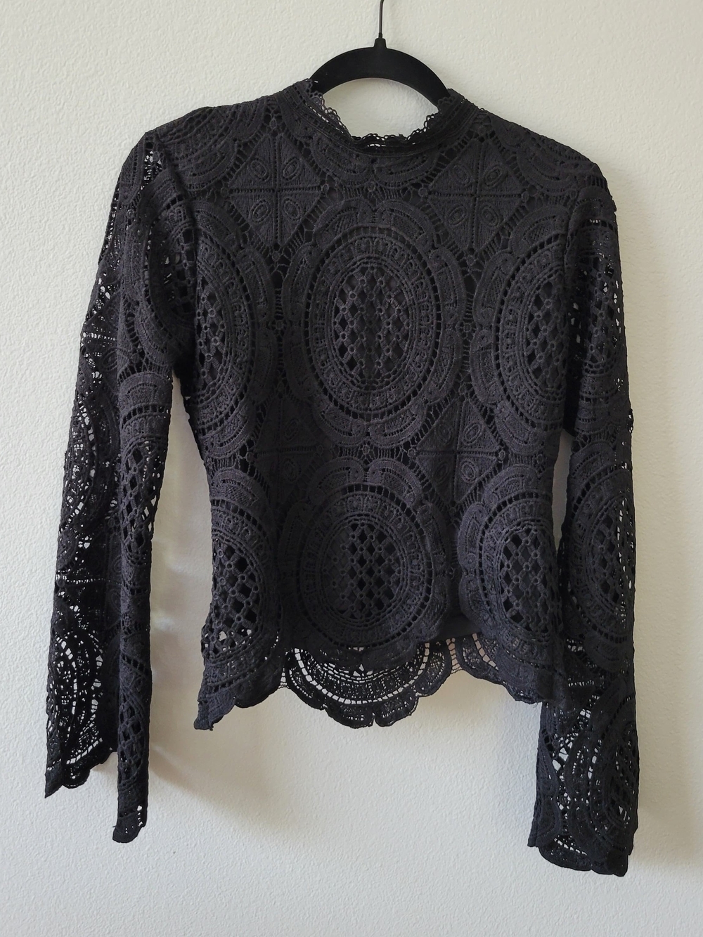 Black Lace Mock-Neck Long-Sleeve Blouse